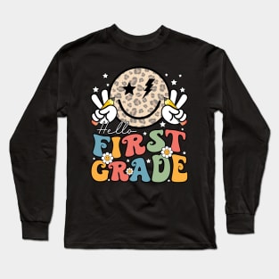 Leopard Groovy Happy Face Hello First Grade Long Sleeve T-Shirt